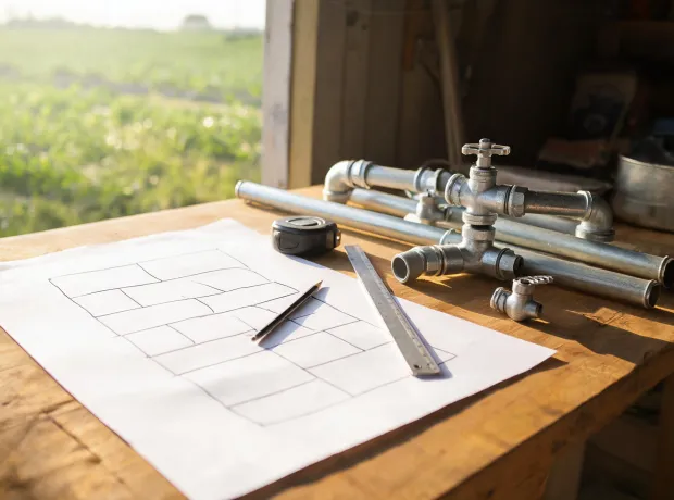 Farm field plan reviewed beside irrigation equipment